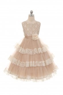 Champagne Sleeveless Lace Detailing Flower Girl Dress with Tulle Layered Skirt